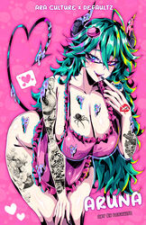  absurdres ahoge apron arm_tattoo artist_name aruna_reaver black_nails blue_eyes breast_tattoo breasts character_name cleavage collarbone defaultz demon_girl demon_horns demon_tail dragon_tattoo female flower_tattoo food-themed_hair_ornament frilled_apron frills glasses green_hair hair_between_eyes hair_ornament heart heterochromia highres horns icing indie_virtual_youtuber large_breasts leg_tattoo macaron_background macaron_hair_ornament naked_apron parted_lips pink_apron pink_background purple_lips rectangular_eyewear red_eyes semi-rimless_eyewear shoulder_tattoo snake_tattoo solo spider_tattoo spoken_heart sprinkles tail tattoo thighs virtual_youtuber 