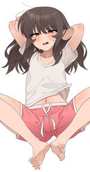  absurdres ahoge arms_up barefoot blush brown_hair collarbone drawstring feet female hair_between_eyes han_nuri highres knees_apart_feet_together legs long_hair looking_at_viewer midriff_peek nakta navel open_mouth original pink_shorts shirt shorts sidelocks simple_background soles solo squinting sweatdrop t-shirt toenails toes white_background white_shirt yellow_eyes you&#039;re_under_my_skin! 