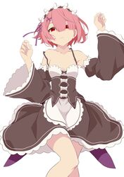  bare_shoulders breasts closed_mouth detached_sleeves female hair_between_eyes hair_ornament hair_ribbon hair_spread_out highres looking_at_viewer lying maid maid_headdress on_back pink_eyes pink_hair pink_ribbon purple_ribbon ram_(re:zero) re:zero_kara_hajimeru_isekai_seikatsu ribbon roswaal_mansion_maid_uniform simple_background small_breasts white_background x_hair_ornament yasehattagi 