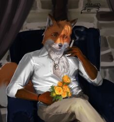  anthro canid canine chest_fur cigarette doppelfoxx flower fluffy fox fur hi_res jakkals_van_der_bergh_(doppelfoxx) jewelry male mammal marul necklace pawpads plant smoking smoking_cigarette solo 