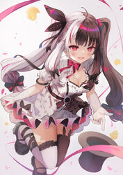  :d ahoge asymmetrical_legwear black_thighhighs bow breasts brown_hair cleavage dress female hairbow hat highres miakiuehashi mismatched_legwear multicolored_hair nijisanji pink_ribbon puffy_short_sleeves puffy_sleeves red_eyes ribbon short_sleeves smile solo split-color_hair streaked_hair thighhighs top_hat twintails unworn_headwear virtual_youtuber white_dress white_hair yorumi_rena yorumi_rena_(1st_costume) 