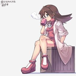  absurdres bare_legs box breasts brown_hair coat covered_navel cup dress drinking earrings female glasses green_eyes highres irie_keisuke_(handn) jewelry lab_coat long_hair medium_breasts mega_man_(series) mega_man_legends_(series) mug navel on_box pink_dress pink_footwear simple_background sitting sitting_on_box sitting_on_object solo tight_clothes tight_dress tron_bonne_(mega_man) twitter_username white_background white_coat wooden_box 