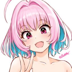  ahoge aqua_hair artist_name blush bob_cut collarbone colored_inner_hair commentary_request fangs female flick_(sal23) gradient_hair hair_intakes happy idolmaster idolmaster_cinderella_girls idolmaster_cinderella_girls_starlight_stage looking_at_viewer medium_hair multicolored_hair open_mouth pink_eyes pink_hair portrait raised_eyebrows signature simple_background smile solo twitter_username two-tone_hair v white_background yumemi_riamu 