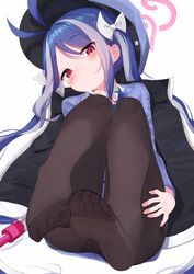  absurdres antenna_hair bitseon black_panties black_pantyhose blue_archive blue_hair blue_shirt blush bow embroidered_panties feet female foot_focus fubuki_(blue_archive) grey_hair hairbow halo hat head_tilt highres jacket knees_up long_hair looking_at_viewer md5_mismatch multicolored_hair panties pantyhose peaked_cap red_eyes shirt sidelocks simple_background soles solo streaked_hair toes twintails two-sided_fabric two-sided_jacket underwear very_long_hair white_background 