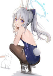  absurdres animal animal_ears ass black_pantyhose blue_archive blue_halo blue_leotard blush earpiece fake_animal_ears fake_tail female grey_footwear grey_hair hair_between_eyes halo high_heels highres leotard long_hair looking_at_viewer miyako_(blue_archive) open_mouth pantyhose playboy_bunny ponytail purple_eyes rabbit rabbit_ears rabbit_tail simple_background solo squatting strapless strapless_leotard sunga2usagi tail white_background wrist_cuffs 