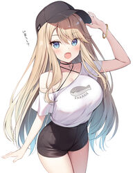  arm_up bangle bare_shoulders baseball_cap black_choker black_hat black_shorts blonde_hair blue_eyes bra_strap bracelet breasts choker collarbone commentary_request cowboy_shot criss-cross_halter eyes_visible_through_hair female gradient_hair halterneck hand_up hat high-waist_shorts highres jewelry large_breasts leaning_forward long_hair looking_at_viewer multicolored_hair oerba_yun_fang off_shoulder open_mouth original oryo_(oryo04) sacabambaspis shirt shirt_tucked_in short_shorts short_sleeves shorts simple_background smile solo spaghetti_strap standing thighs very_long_hair white_background white_shirt 