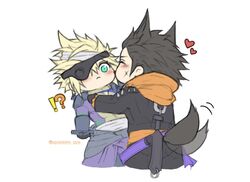  !? 2boys absurdres animal_ears arm_armor armor bandaged_head bandaged_torso bandages belt black_gloves black_hair black_jacket blonde_hair blush bodysuit chibi closed_eyes cloud_strife cloud_strife_(bandaged_coat) commentary cross_scar dog_boy dog_ears dog_tail eyepatch final_fantasy final_fantasy_vii final_fantasy_vii_ever_crisis gloves green_eyes halloween halloween_costume heart highres hood hood_down hoodie jacket kemonomimi_mode licking licking_another&#039;s_cheek licking_another&#039;s_face long_sleeves male_focus messa_mo multiple_boys official_alternate_costume orange_hoodie pauldrons scar scar_on_cheek scar_on_face short_hair shoulder_armor simple_background skin_tight spiked_hair spiked_jacket spikes spoken_heart tail tail_wagging upper_body white_background yaoi zack_fair zack_fair_(black_hound) 