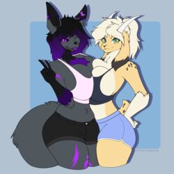  1:1 absurd_res anthro big_breasts bioluminescence bovid breast_squish breasts canid canine caprine duo female female/female fennec_fox fox fur glowing goat grey_body grey_fur hi_res huge_breasts mammal pose squish thecybercg true_fox tulip_(flowergoatad) veil_(unaveilable) yellow_body yellow_fur 