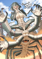  abs absurdres antennae arthropod_girl arthropod_limbs blue_sky breasts brown_eyes carapace claws cloud cloudy_sky colored_inner_hair commission desert extra_arms extra_mouth fangs female freckles full_body grey_hair hands_up highres large_breasts looking_at_viewer monster_girl multicolored_hair open_mouth original outdoors sand short_hair skeb_commission sky solo sumosamo taur white_hair 