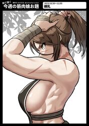  arms_up bandaged_arm bandages breasts brown_eyes brown_hair fate/grand_order fate_(series) female harurukan highres large_breasts muscular muscular_female ponytail profile scar scar_on_arm scar_on_face scar_on_neck scar_on_nose sideboob sugitani_zenjubou_(fate) translated tying_hair 