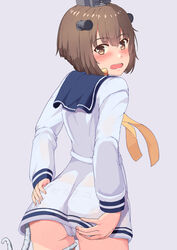  absurdres ass blue_sailor_collar blush brown_eyes brown_hair clothes_writing dress from_above good_ass_day highres kantai_collection looking_at_viewer looking_back neckerchief nose_blush open_mouth panties sailor_collar sailor_dress see-through see-through_dress short_hair speaking_tube_headset tentacle tsukimoto_reiji underwear white_panties yellow_neckerchief yukikaze_(kancolle) 