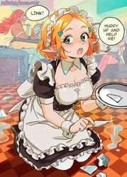  1boy 3girls absurdres alternate_costume apron artist_name blonde_hair blue_eyes breasts broken_cup cleavage denim english_commentary english_text enmaided frilled_apron frills ganondorf highres jeans long_hair maid maid_apron maid_headdress midna midna_(true) multiple_girls pants patreon_username picking_up pointy_ears princess_zelda purah rehydrated_ganondorf restaurant shards snegovski tank_top teasing the_legend_of_zelda the_legend_of_zelda:_breath_of_the_wild the_legend_of_zelda:_tears_of_the_kingdom waist_apron white_apron 