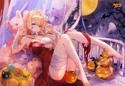  absurdres aihara_mai bandages barefoot bat_(animal) blonde_hair blue_eyes dress female full_body ghost hairband halloween highres mahjong_soul official_alternate_costume official_art paw_pose pumpkin red_dress sitting solo stuffed_animal stuffed_toy tears teddy_bear torn_clothes yukimiya_yuge 