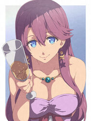  alcohol armpit_crease blue_background blue_eyes breasts chiharu_(9654784) cleavage collarbone commentary_request cup double-parted_bangs drink earrings eiyuu_densetsu emma_millstein female gem gradient_background green_gemstone hair_between_eyes highres holding holding_cup jewelry large_breasts leaning_forward long_hair looking_at_viewer md5_mismatch necklace purple_hair sen_no_kiseki simple_background smile solo 