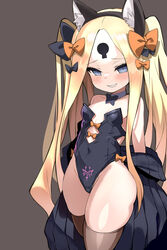  abigail_williams_(fate) absurdres animal_ear_fluff animal_ears bare_shoulders black_bow black_jacket black_leotard blonde_hair blue_eyes blush bow bowtie breasts brown_thighhighs cat_ears collarbone covered_navel detached_collar fake_animal_ears fate/grand_order fate_(series) female forehead grin hairband hairbow highleg highleg_leotard highres jacket keyhole leotard long_hair looking_at_viewer off_shoulder orange_bow parted_bangs pubic_tattoo sharp_teeth shimejinameko sidelocks small_breasts smile solo tattoo teeth thick_thighs thighhighs thighs twintails wide_hips 