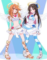  2girls alternate_costume armlet blush bracelet breasts brown_hair colored_inner_hair commentary_request cosplay crop_top cross-laced_clothes detached_sleeves dress feathered_wings feet full_body gladiator_sandals halo heart highres idolmaster idolmaster_cinderella_girls jewelry legs looking_at_viewer midriff miniskirt mochino multicolored_hair multiple_girls nail_polish navel orange_hair panty_&amp;_stocking_with_garterbelt panty_(psg) panty_(psg)_(cosplay) parody pink_hair sandals short_dress skirt small_breasts stocking_(psg) stocking_(psg)_(cosplay) stomach tachibana_arisu toenail_polish toenails toes tongue tongue_out two-tone_dress two-tone_hair two-tone_thighhighs white_skirt white_wings winged_footwear wings yuuki_haru zettai_ryouiki 