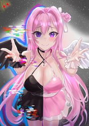  alternate_costume black_dress black_wings blush breasts buhiko cleavage collarbone crying dorothy_(nikke) dorothy_(nostalgia)_(nikke) dress feathered_wings female glitch goddess_of_victory:_nikke hair_between_eyes highres large_breasts long_hair looking_at_viewer official_alternate_costume outstretched_arms pink_dress pink_hair purple_eyes solo split_theme streaming_tears tears two-tone_dress white_wings wings 