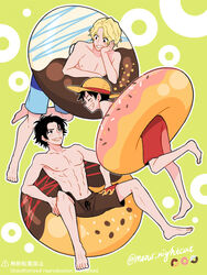  3boys barefoot black_eyes black_hair blonde_hair brown_male_swimwear doughnut_innertube feet hat innertube male_focus male_swimwear monkey_d._luffy multiple_boys nightcat nipples one_piece portgas_d._ace red_male_swimwear sabo_(one_piece) short_hair smile straw_hat swim_ring swim_trunks toes topless_male 