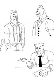  2023 5_fingers anthro bernielover blacksad claws clothed clothing domestic_cat felid feline felis finger_claws fingers fur grin hands_in_both_pockets hi_res humanoid_hands john_blacksad male mammal monochrome necktie paper pen smile solo teeth 