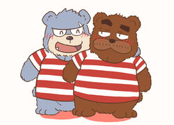  2023 anthro bear blush brew_(kumalino) brown_body brown_fur chibi clothing cute_fangs duo fur gensuke grey_body grey_fur hi_res hug kemono kumalino male male/male mammal roast_(kumalino) sanrio scar shirt simple_background topwear 