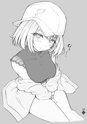  :t baseball_cap blush breasts bright_pupils closed_mouth commentary_request crop_top dated feet_out_of_frame female greyscale hat highres lace-trimmed_shirt lace_trim looking_at_viewer medium_bangs medium_breasts midriff monochrome nanashi_inc. navel official_alternate_costume pants shirt shirt_partially_removed short_hair sideways_hat simple_background sleeveless sleeveless_shirt solo temari_rin touri_sei touri_sei_(2nd_costume) turtleneck virtual_youtuber 