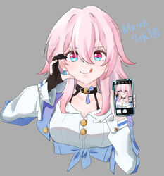  :q archery_shooting_glove black_choker black_gloves blue_eyes blue_jacket breasts buttons cellphone character_name choker commentary_request cropped_torso dress_shirt earrings female gloves grey_background highres holding holding_phone honkai:_star_rail honkai_(series) jacket jewelry long_sleeves looking_at_viewer march_7th_(honkai:_star_rail) march_7th_(preservation)_(honkai:_star_rail) medium_breasts medium_hair partially_fingerless_gloves phone pink_eyes pink_hair purple_eyes recursion shirt simple_background single_earring single_glove smartphone smile tied_jacket tongue tongue_out two-tone_eyes upper_body wahi_(hhainanoda) white_shirt 