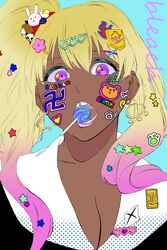  absurdres bleach bleach:_epilogue blonde_hair blue_background breasts candy cleavage collarbone copyright_name dark-skinned_female dark_skin earrings female food food_in_mouth ganguro gyaru hair_between_eyes hair_ornament highres hollow_mask hoop_earrings jewelry ken&#039;ichi_(ken1ro_u) lipgloss lollipop looking_at_viewer mandala multicolored_hair open_mouth pin portrait purple_eyes purple_hair side_ponytail star_(symbol) star_in_eye sticker_on_face swastika symbol_in_eye teeth tooth_gap two-tone_hair yayahara_yuyu 