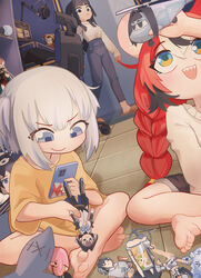  3girls absurdres animal_ears barefoot black_hair blue_eyes blue_pants blush braid breasts cellphone character_doll closed_mouth commentary doll_panty_check english_commentary feet fins fish_tail flat_chest french_braid gawr_gura hakos_baelz high-waist_pants highres holding holding_phone hololive hololive_english hololive_idol_uniform_(bright) indian_style large_breasts long_hair long_sleeves mori_calliope mouse_ears mouse_girl multicolored_hair multiple_girls nanachides nanashi_mumei nanashi_mumei_(1st_costume) official_alternate_costume ouro_kronii ouro_kronii_(1st_costume) ouro_kronii_(casual) pants phone pomni_(the_amazing_digital_circus) red_hair shark_girl shark_tail sharp_teeth shirt short_hair short_sleeves sitting smartphone smile smol_calli soles strawberry_baelz tail taking_picture teeth the_amazing_digital_circus toes two_side_up upper_teeth_only virtual_youtuber white_hair white_shirt yukkronii_(ouro_kronii) 