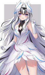  :d absurdres bare_shoulders black_hair breasts cleavage cleavage_cutout clothing_cutout commentary cowboy_shot dress female fire_emblem fire_emblem_engage gloves hako_momiji hand_up highres long_hair looking_at_viewer multicolored_hair open_mouth purple_eyes smile solo standing streaked_hair thighs very_long_hair veyle_(fire_emblem) white_dress white_gloves white_hair 