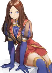  blue_eyes blue_gloves blue_thighhighs blush breasts brown_dress brown_hair dress elbow_gloves fate/grand_order fate_(series) female forehead gloves highres large_breasts leonardo_da_vinci_(fate) long_hair looking_at_viewer parted_bangs puff_and_slash_sleeves puffy_short_sleeves puffy_sleeves ranma_(kamenrideroz) red_skirt short_sleeves sitting skirt smile solo thighhighs 