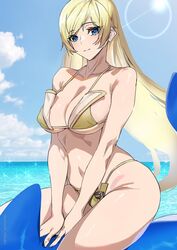  ashiomi_masato bare_shoulders bikini blonde_hair blue_eyes blue_sky breasts cleavage closed_mouth cloud dolphin female guilty_gear guilty_gear_strive hair_down large_breasts light_rays long_hair looking_at_viewer millia_rage navel ocean skindentation sky sly solo sparkle sun sunbeam sunlight swimsuit thighs twitter_username very_long_hair 