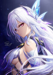  absurdres artist_name bare_shoulders breasts butterfly_hair_ornament chinese_commentary commentary_request detached_sleeves expressionless female from_side genshin_impact grey_hair hair_between_eyes hair_ornament highres long_hair medium_breasts pink_eyes royboy sideboob skirk_(genshin_impact) solo upper_body very_long_hair white_hair 