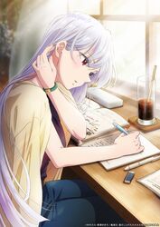  book bracelet desk eiai_nano eraser female grey_hair hair_between_eyes highres holding holding_pen jewelry kimi_no_koto_ga_dai_dai_dai_dai_daisuki_na_100-nin_no_kanojo long_hair official_art open_book open_mouth pen red_eyes writing yano_akane 