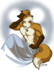  anthro anthrofox bed bedding biceps blanket bracelet brown_body brown_fur canid canine chestfur doppelfoxx exercise fluffy fox fur furniture hi_res jakkals_van_der_bergh_(doppelfoxx) jewelry littlebadwolf male mammal morning morning_after muscular necklace next_morning nude orange_body orange_fur paws scruffy solo tail tired waking_up whiskers white_body white_fur workout 