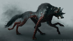  copyright_request creature email_address extra_eyes extra_legs extra_mouth gradient_background grey_background grey_eyes highres l_aciel looking_at_viewer no_humans open_mouth sharp_teeth teeth tongue wolf 