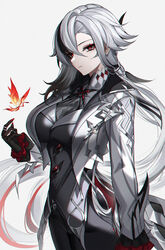  arlecchino_(genshin_impact) arm_at_side black_eyes black_gloves black_hair black_pants breasts closed_mouth eternity_(shadeh) female genshin_impact gloves grey_eyes grey_hair grey_jacket grey_vest hair_between_eyes hair_ornament highres jacket large_breasts long_hair long_sleeves looking_at_viewer multicolored_hair open_clothes open_jacket pants red_pupils simple_background solo streaked_hair suit symbol-shaped_pupils vest x-shaped_pupils 