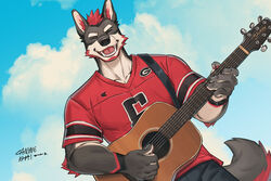  5_fingers anthro canid canine canis canyne_khai claws closed_eyes clothed clothing countershade_face countershade_fur countershade_neck countershading domestic_dog eyebrows fingers fur guitar inner_ear_fluff male mammal musical_instrument open_mouth open_smile pawpads playing_guitar playing_music plucked_string_instrument red_clothing red_shirt red_topwear shirt smile solo string_instrument tail topwear tuft 