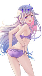  absurdres ass bikini circlet colored_inner_hair female flat_chest frilled_bikini frills from_behind grey_hair hair_ornament halterneck highres hololive hololive_english jewel_under_eye koseki_bijou long_hair looking_at_viewer looking_back multicolored_hair open_mouth paid_reward_available pink_hair purple_eyes shironekokfp side-tie_bikini_bottom simple_background smile solo swimsuit virtual_youtuber wet white_background 