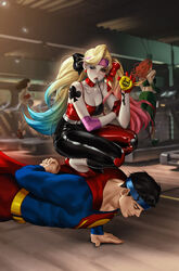  1boy 3girls arm_behind_back black_hair black_pants black_shirt blonde_hair blue_hair blue_headband breasts cape choker cleavage closed_eyes dc_comics elbow_pads exercising green_pants gym harley_quinn headband highres indoors leirix long_hair multicolored_hair multiple_girls one_eye_closed orange_hair pants pink_headband poison_ivy push-ups red_cape red_choker red_footwear red_hair red_pants red_shirt shirt shoes short_hair shoulder_tattoo squatting standing_on_another&#039;s_back standing_on_person stopwatch superman tattoo treadmill twintails two-tone_pants two-tone_shirt whistle whistling wonder_woman 