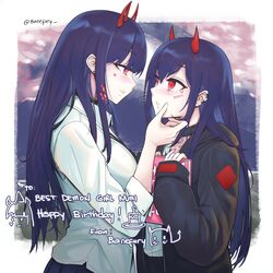  ! 2girls absurdres akuma_nihmune akuma_nihmune_(1st_costume) banefury book demon_girl demon_horns english_text eye_contact happy_birthday heart highres hood hood_down hoodie horns indie_virtual_youtuber long_hair long_sleeves looking_at_another multiple_girls purple_hair red_eyes twitter_username upper_body virtual_youtuber yuri 