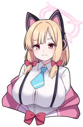  alternate_breast_size animal_ear_headphones animal_ears blonde_hair blue_archive blue_necktie blush breasts closed_mouth collared_shirt fake_animal_ears female halo headphones highres jacket large_breasts long_sleeves looking_at_viewer momoi_(blue_archive) necktie pink_halo red_eyes shirt short_hair simple_background smug solo two-sided_fabric two-sided_jacket upper_body vector_(dmlddmld00) white_background white_shirt 