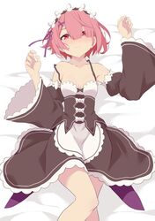  bare_shoulders bed_sheet blush breasts closed_mouth commentary detached_sleeves female hair_between_eyes hair_ornament hair_ribbon hair_spread_out highres looking_at_viewer lying maid maid_headdress on_back on_bed pink_eyes pink_hair pink_ribbon purple_ribbon ram_(re:zero) re:zero_kara_hajimeru_isekai_seikatsu ribbon roswaal_mansion_maid_uniform simple_background small_breasts symbol-only_commentary white_background x_hair_ornament yasehattagi 