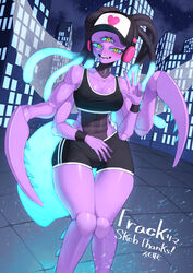  absurdres arthropod_girl arthropod_limbs baseball_cap black_hair black_hat black_shorts black_sports_bra blue_background blue_hair blue_sclera breasts building carapace city cleavage colored_sclera colored_skin colored_tips commission dreadlocks extra_eyes fangs female glowing glowing_hair glowing_tail green_eyes hand_up hat headphones highres insect_wings long_hair looking_at_viewer medium_breasts monster_girl multicolored_hair open_mouth original outdoors purple_skin shorts skeb_commission solo sports_bra standing sumosamo symbol-shaped_pupils tail third_eye triangle-shaped_pupils twintails v white_hat wings 