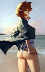  absurdres ass beach blue_eyes blue_jacket cloud commentary competition_swimsuit day english_commentary female highleg highleg_swimsuit highres jacket kasumi_(pokemon) looking_at_viewer madoro_q mixed-language_commentary ocean official_alternate_costume one-piece_swimsuit one-piece_thong orange_hair outdoors parted_lips pokemon pokemon_hgss sand short_hair sky solo swimsuit water white_one-piece_swimsuit 