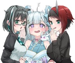  3girls ahoge amaui animal_on_shoulder black_hair black_shirt blue_bow blue_bowtie blue_eyes blue_hair blue_kimono blunt_bangs blush bow bowtie breasts collared_shirt commentary_request crescent crescent_hair_ornament demon_girl demon_horns frilled_kimono frills glasses grey_hair grey_wings hair_ornament hairbow head_wings highres holding_hands horns interlocked_fingers japanese_clothes kimono large_breasts long_hair long_sleeves looking_at_viewer medium_bangs medium_breasts multicolored_hair multiple_girls nanashi_inc. off_shoulder open_mouth oura_rukako oura_rukako_(1st_costume) polka_dot_bowtie purple_eyes rabbit red_hair ryugasaki_rene shirt short_hair simple_background small_breasts smile streaked_hair tamotsu_(mary) two-tone_hair upper_body vest virtual_youtuber white_background white_bow white_hair white_vest wings 