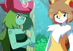  alternate_species anthro bandana braixen braixrena bulbasaur clothing crop_top duo eyebrow_through_hair eyebrows female generation_1_pokemon generation_6_pokemon green_hair hair hi_res kerchief may_(pokemon) nintendo pokemon pokemon_(species) serena_(pokemon) shirt short_hair spots strugetdraw topwear translucent translucent_hair 