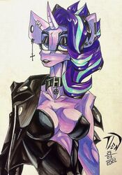  anthro anthrofied black_eyeshadow blue_hair breasts cleavage clothed clothing collar ear_piercing equid equine eyeshadow female friendship_is_magic hair hasbro hi_res horn horse makeup mammal multicolored_hair my_little_pony mythological_creature mythological_equine mythology occult_symbol pentagram piercing pony purple_hair simple_background solo starlight_glimmer_(mlp) symbol tlen_borowski traditional_media_(artwork) two_tone_hair unicorn white_background 