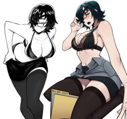  absurdres aneurysm_ax bespectacled black-framed_eyewear black_bra black_hair black_skirt bra breasts chainsaw_man closed_eyes eyepatch female folder glasses grey_shirt highres himeno_(chainsaw_man) large_breasts looking_at_viewer open_mouth partially_undressed rectangular_eyewear shirt short_hair simple_background skirt smile thighhighs underwear undressing white_background 