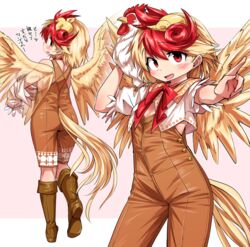  animal_on_head bird bird_girl bird_on_head bird_tail bird_wings blonde_hair boots brown_footwear chicken feathered_wings looking_at_viewer male_chicken multicolored_hair multiple_views niwatari_kutaka on_head red_eyes shimizu_pem smile tail touhou two-tone_hair wings 