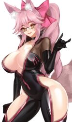  animal_ear_fluff animal_ears black_bodysuit blush bodysuit bow breasts center_opening choker cleavage collarbone fate/grand_order fate_(series) female fox_ears fox_girl fox_shadow_puppet fox_tail glasses grey-framed_eyewear hair_between_eyes hairbow highres hip_vent koyanskaya_(assassin)_(first_ascension)_(fate) koyanskaya_(fate) large_breasts long_hair looking_at_viewer parted_lips pink_bow pink_hair ponytail rectangular_eyewear semi-rimless_eyewear sidelocks smile solo tail tamamo_(fate) thighs under-rim_eyewear volyz yellow_eyes 